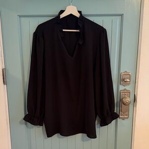 Black Ruffle-Trim V-Neck Blouse with Long Sleeves